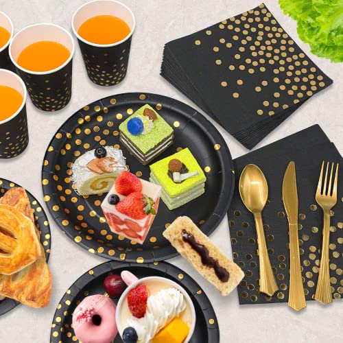 350PCS Black and Gold Party Supplies, Severs 50 Disposable Party Dinnerware, Gold Plastic Forks Knives Spoons and Golden Dot Paper Plates, Black Napkins Cups for Graduation, Birthday, Wedding - Thumbnail 5