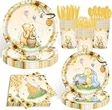 WISSLERMER 140pcs Classic Bear Baby Shower Decorations Baby Shower Party Tableware with Plates, Napkin, Forks, Cups for Birthday Party Supplies Set Serves 20 Guests (Yellow)