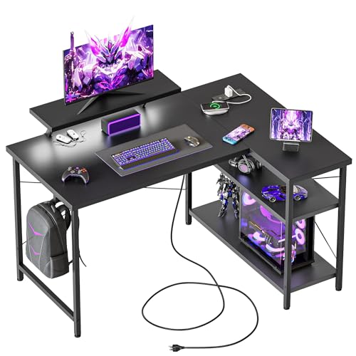 Mericonia Small L-Shaped Desk with LED, 100x70cm Computer Desk with Monitor Stand, Reversible Corner Desk for Home Office, Black