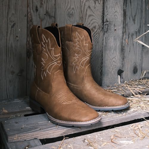Image of Lumeheel Cowboy Boots for Men - Western Men's Boots with Classic Embroidered, Slip on Square Toe Boots, Slip Resistant Country Boots Chunky Heel Ankle, Durable Short Boots for Spring Fall