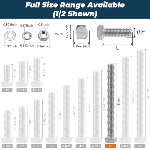 Image of 4 Sets Glvaner 1 /2-13 x 5 Stainless Steel Hex Head Screws Bolts, Nuts, Flat & Lock Washers, 18-8 (304) Stainless Steel, Full Thread, Coarse Thread