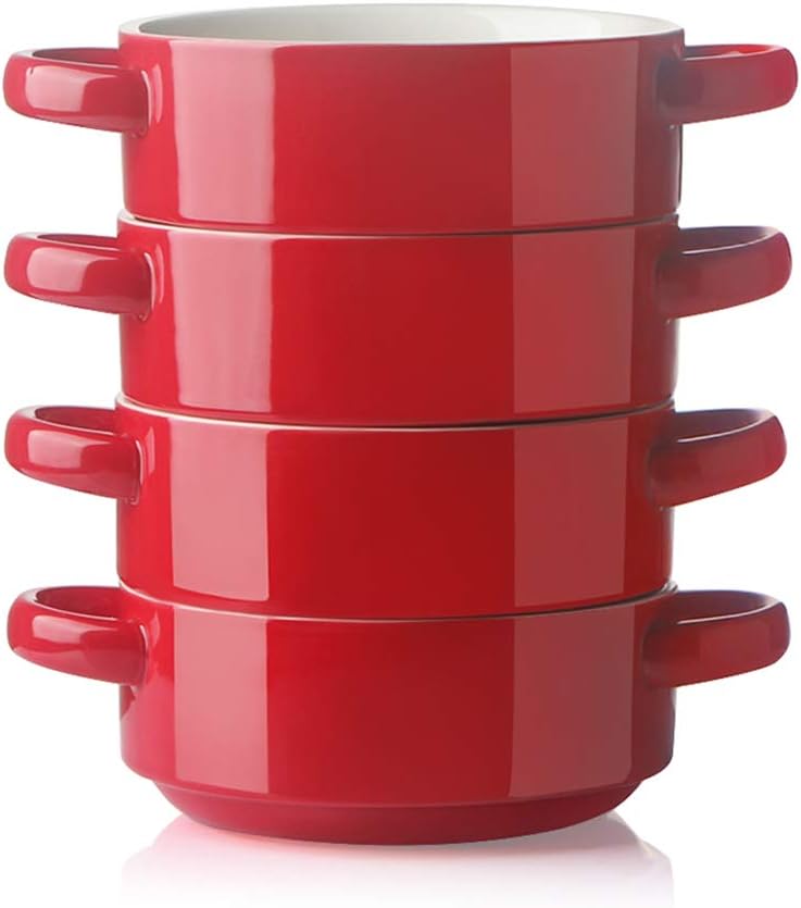 SWEEJAR Ceramic Soup Bowl with Double Handles, 20 Oz Stacked Bowls for French Onion Soup, Cereal, Pot Pies, Stew, Chill, Pasta, Set of 4 (Red)