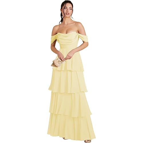 homdor Off Shoulder Chiffon Bridesmaid Dresses Long for Women Tiered Ruffles A Line Formal Evening Dress