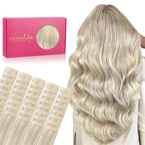 Image of WENNALIFE Tape in Hair Extensions Human Hair, 40pcs 100g 18 inch Ash Blonde Highlighted Platinum Blonde Hair Extensions Real Human Hair Straight Tape in Extensions Invisible Human Hair Extensions
