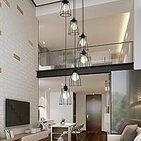 6 luces araña retro LED E27, 30 * 150cm, escalera lámpara industrial colgante de luz negro, Duplex lámpara escalera de caracol piso para sala de estar, hierro forjado sombra, bombillas incluye