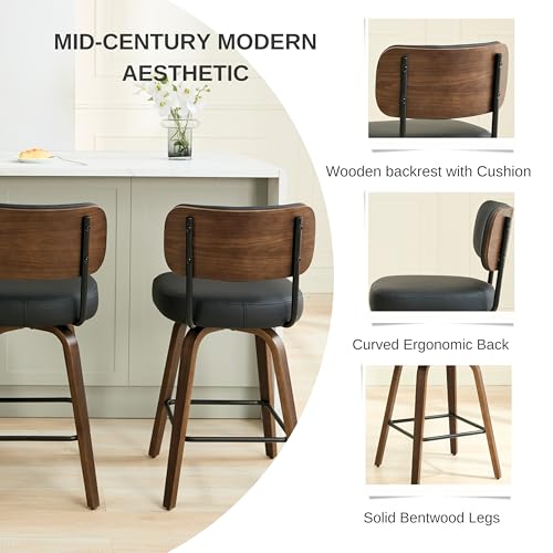 Image of Swivel Bar Stools Set of 3, 26 inch Upholstered Counter Height Bar Stools with Back and Walnut Wood Legs, Faux Leather Barstools for Kitchen Counter, Black