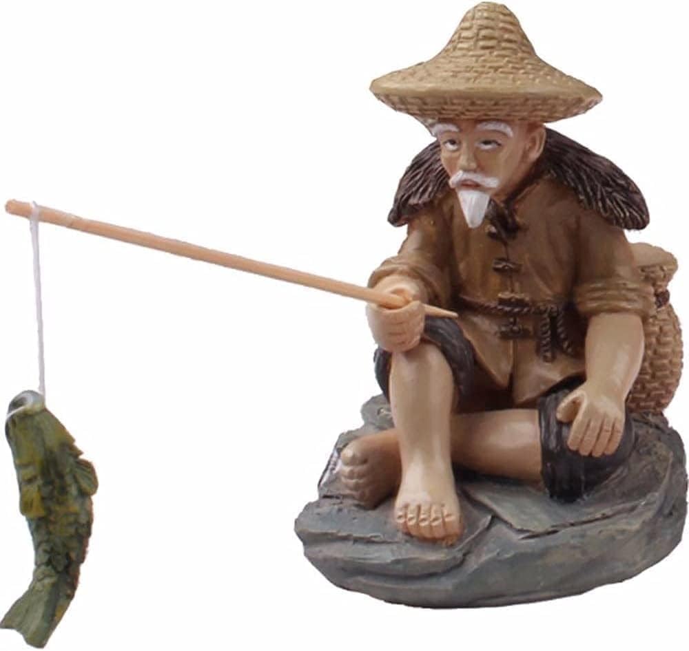 Fxieng Mini Fisherman Figurines Resin Sitting Fishing Men, Garden Statue Ornament Fish Tank Micro Landscape Decor Garden Sculptures and Statues