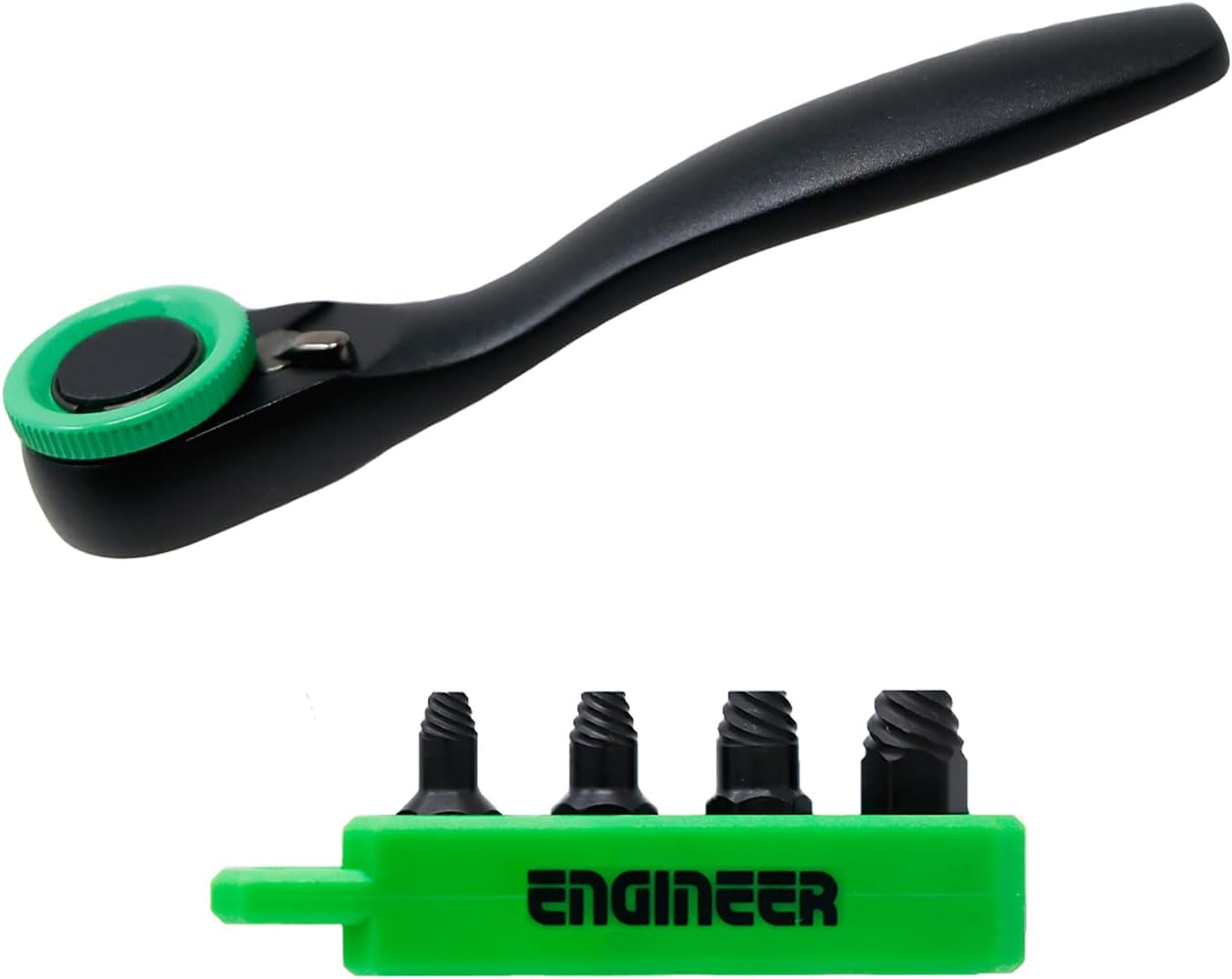 ENGINEER DZ-376 Ratchet Wrench Mini & Screw Removal Bit Ultra Short 4 Piece Set, Removes Stuck and Stripped M5-M10 Screws