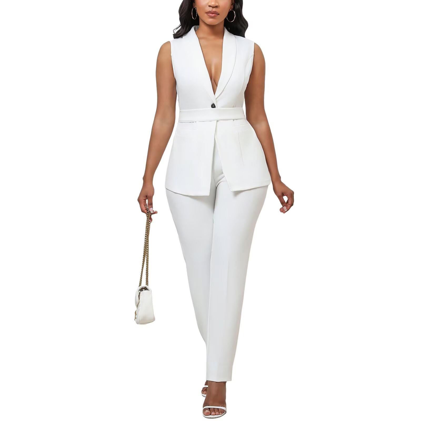 Pant Suits for Women Dressy Belted Sleeveless Vest Blazer Sets 2 Piece Business Casual Outfit-image-21