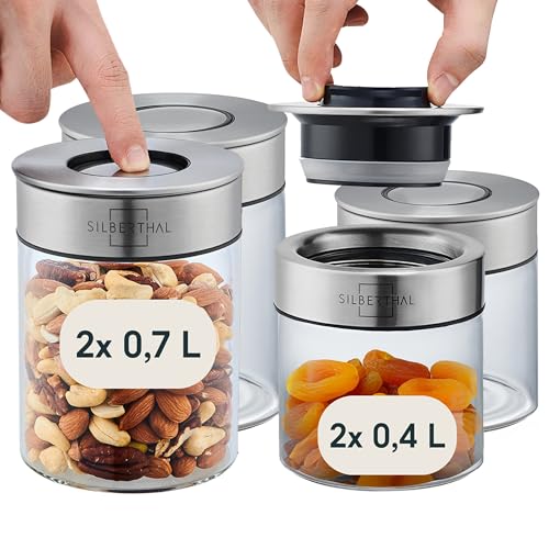 SILBERTHAL Set 4 Botes cocina almacenaje - Hermeticos y antipolillas de vidrio y acero inoxidable - 2x400ml + 2x700ml - Tarros despensa