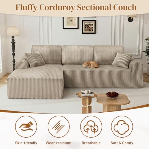 Image of 110 inch L Shaped Boneless Sectional Couches for Living Room, Comfy Corduroy Floor Cloud Sofa with Chaise, Wide Armrest, Deep Seat, Memory Foam, Assembly Free, Ideal for Small Spaces, Brown