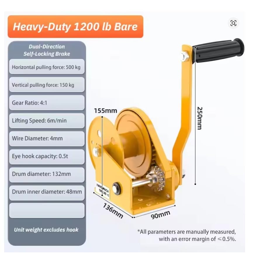 Image of Heavy Duty Brake Winch - Hand Operated, Multifunction Towing Winch for Garages and ATV, Bidirectional Self-Locking Device (1200Lb | 545Kg)