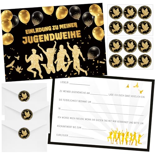 SUBRINGE 12 Einladungskarten Jugendweihe Junge Mädchen Schwarz Gold mit Umschlägen & Stickern Erwachsenenfeier Karten für Jugendfeier Party Deko Jugendweihe Einladung Deko
