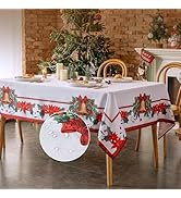 VidaFete Christmas Golden Bell Tablecloth, Ribbon Holly Flower Pattern Polyester Rectangle Table ...