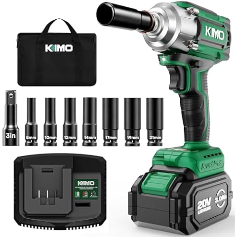 KIMO Cordless Impact Wrench, 3000 RPM & Max Torque 350 ft-lbs (475N.m), 1/2 Impact Gun with 3.0Ah Li-ion Battery, 7 Drive Impact Sockets, 3 Inch Extension Bar, 1 Hour Fast Charger,1/2 Impact Driver Cover