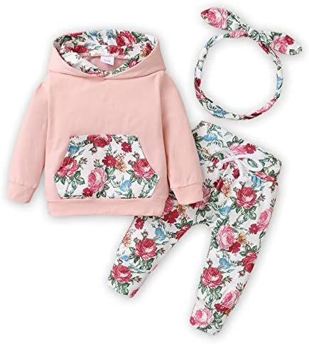 PATPAT Baby Girl Clothes Baby Girl Outfits Long Sleeve Hoodie Sweatshirt Floral Pants Sets with Pocket Pink 0-3 Months