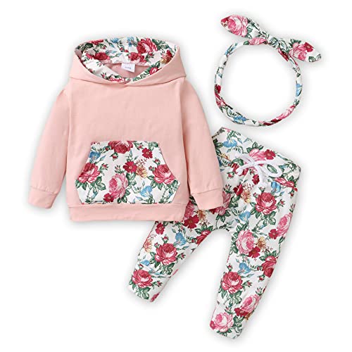 Patpat Baby Girl Clothes Baby Girl Outfits Long Sleeve Hoodie Sweatshirt Floral Pants Sets With Pocket Pink 0-3 Months #TOP1