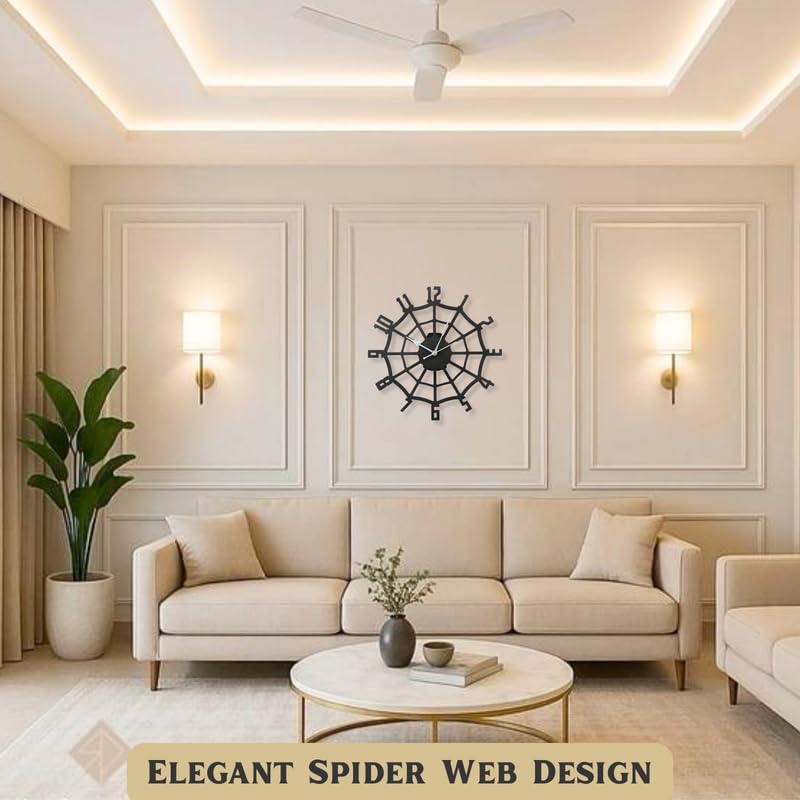 Image of Spider Web Metal Analog Wall Clock for Living Room, Bedroom, Office & Hall | 38 X 38 CM | Stylish Modern Home Decor Wall Clock | Battery Operated | Contemporary Spider Web Design | Black