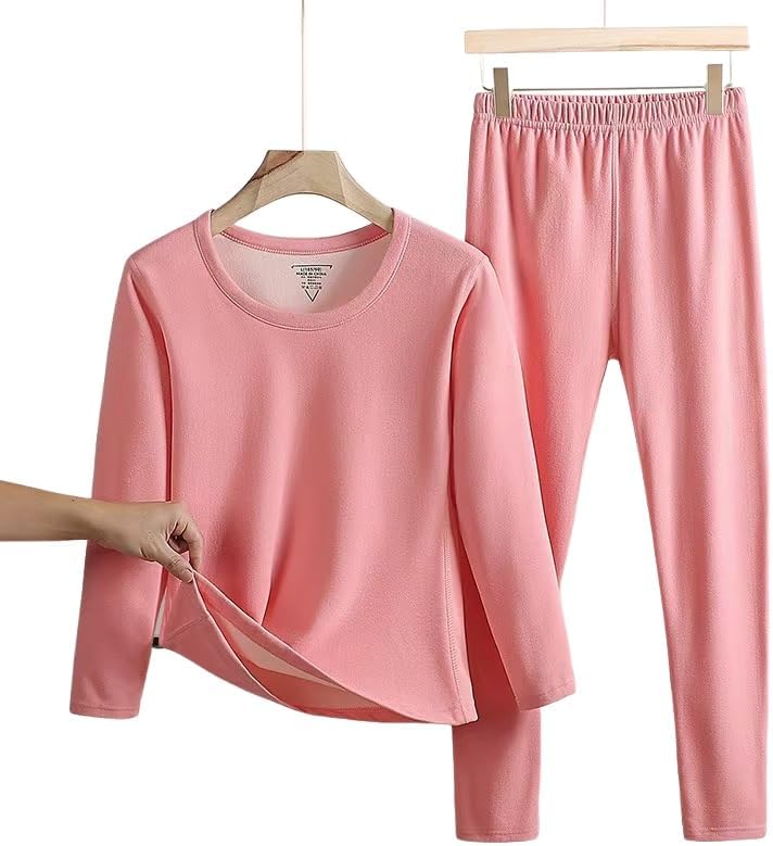 2Pcs Set Round Neck Thickened Solid Long Johns Pajama Warm Winter Clothes Inner Wear Thermal Pants
