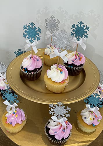 Snowflake Cupcake Toppers Frozen Cupcake Toppers Winter Snowflakes Decoration Light Blue&Silver With A Silk Ivory Bow. Christmas Decoration , Frozen Party Toppers 12 Ct. #TOP7
