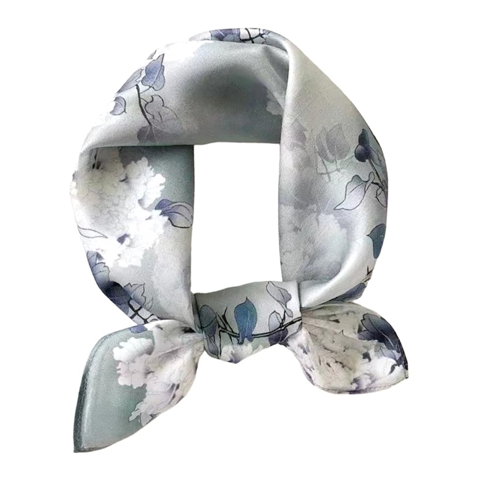 MEISEE Mulberry Silk Scarfs Women Small Square Scarf 21" x 21" Breathable Lightweight Neckerchief Headscarf, Light Blue Peony, 21in