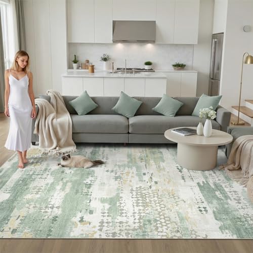Image of DCX Abstract Area Rug 8x10, Washable Sage Green Modern Rug for Living Room, Kid & Pet Friendly with Rubber Back Non Slip, Soft Low Pile Carpet, Stain Resistant Rug for Bedroom, Office, Dining Room