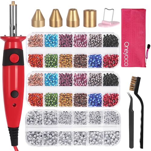 Oneyoco Hotfix Rhinestone Setter, Hotfix Applicator Tool Bedazzler Kit with Rhinestones, Kit, Hot Fixed Wand for Clothes Clothing Fabric Crafts, 3 Boxes Crystal, Clear, 3 Gems Sizes, Tips by Oneyoco - Used condition - US$10.13