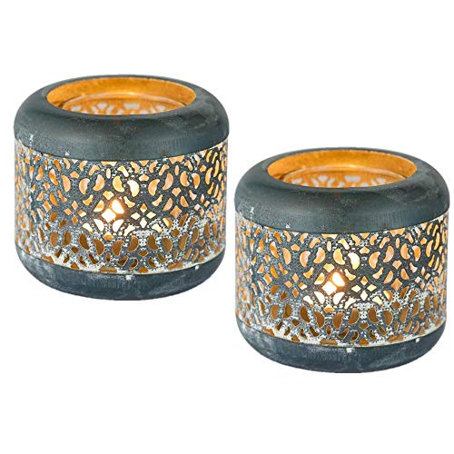 Sziqiqi Vintage Rustic Metal and Glass Tea Light Holder, Hollow-Out Design 2Pcs