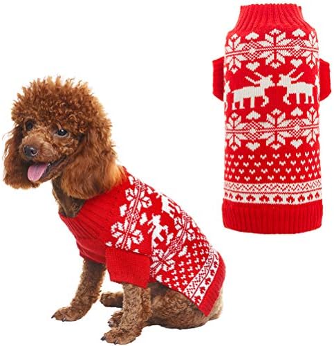 BINGPET Classic Dog Jumpers Red Pet Sweater with Cute Reindeer for Puppy Small