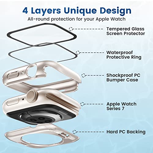 HWeggo [2 in 1] Waterproof Case for Apple Watch Series 9/8/7 Screen Protector 45mm,360 Protective PC Cover with Tempered Glass,Front & Back Bumper (Starlight) - Image 3