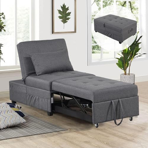 URRED Sleeper Chair Bed, Pull Out Sleeper Chair, Convertible Chairs into Beds, Folding Ottoman Sleeper Guest Beds, 4 in 1 Futon Chair with Lumbar Pillow, Side Pockets, Armless (Grey)