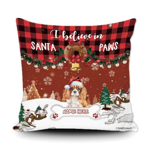 GABSHAIM Custom Cavalier King Charles Spaniel Dog Christmas Throw Pillow Cover I Believe in Santa Paws Watercolor Dog Print Red Buffalo Plaid Xmas Sofa Home Decor Pillowcase Canvas 18x18 Inch