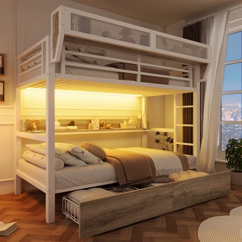 Ktipm Litera de 90x200 cm con Luz LED y 2 Cajones, Litera Infantil con Estante y Cesta de Almacenamiento, Literas Cama Infantil para 2 Personas, Protección Anticaída y Escalera, Sin Colchón, Blanco