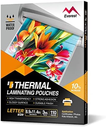 Everest Thermal Laminating Pouches, 8.9 x 11.4 - Inches, 3 Mil Thick, 110 - Pack, Letter Size Sheets, Clear(TH0300-01)