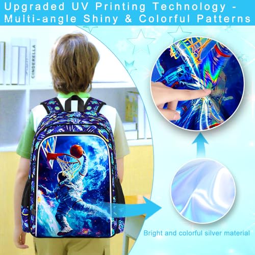 Image of HPJGD 3PCS Kids Astronaut Backpack, Water Resistant Bookbag for Boys Set with Lunch Box, Cool School Bag for Elementary Preschool Toddler - Basketball Astronaut