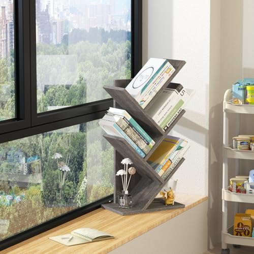 SHEEPAM 5 Tier Tree Book Shelf, Small Desktop Bookshelf with Storage Organizer, Wood Bookcase, Desk Display Bookshelves, Floor Standing Organizer Bookcases for Living Room,Bedroom,Office - Light Grey — view 6