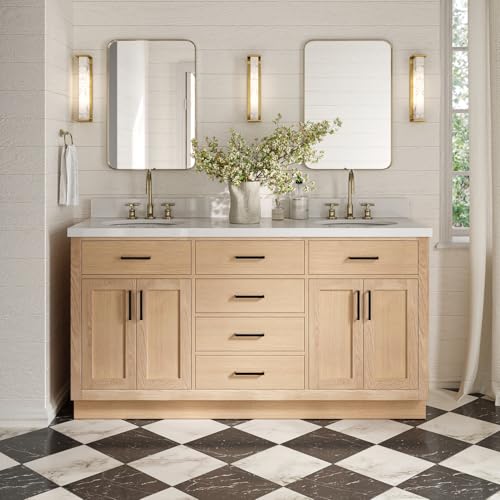 ARIEL Hepburn 66-inch Bathroom Vanity with Sink,Solid Wood, 1.5-inch Pure White Quartz Countertop & Backsplash, Double Oval Porcelain Sink, 4 Soft Closing Doors, 6 Dovetail Drawers, White Oak
