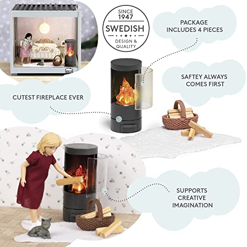 LUNDBY Dolls House Furniture Fireplace, Doll House Accessories, Fireplace Wood Stove LED Fire Flame Light, 4-pieces, Age 4+ - Image 2