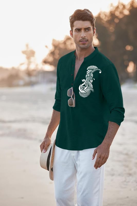 Image of FINIVO FASHION Men's Printed Cotton Blend Short Kurta with Artistic Chest Design | Stylish Full Sleeve Casual Kurta with Mandarin Collar for Daily, Travel Soft Textured