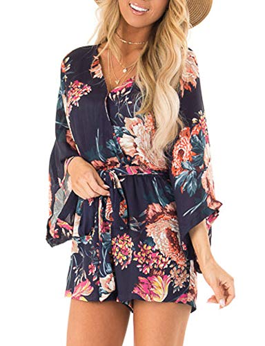 Aimcoo Women's Summer Floral Print Jumpsuits Long Baggy Sleeve High Waist Tie Knot Rompers Casual Short Romper #TOP2