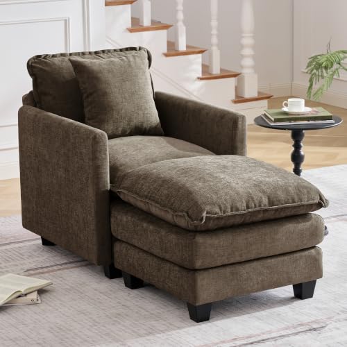Image of 30'' Cloud Single Couch with Ottoman, Cloud Sofa with Throw Pillow, Modern 1 Seater Reading Chair with Deep Seat, Accent Chairs for Living Room, Bedroom, Small Apartment, Brown