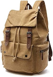 Rufun Canvas Backpack Vintage Rucksack Schoolbag for Laptop Daypack Hiking Travel Large Capacity Bag Unisex (Khaki)