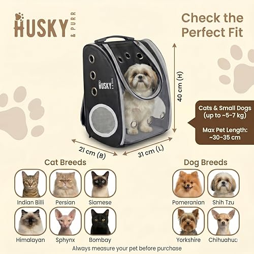 Image of Husky & Purr Cat Bag Carrier Backpack, Black | Collapsible Breathable Pet Carrier Backpack | Anti-Scratch Transparent Cat Carrier Bag for Travel, Up to 7kgs