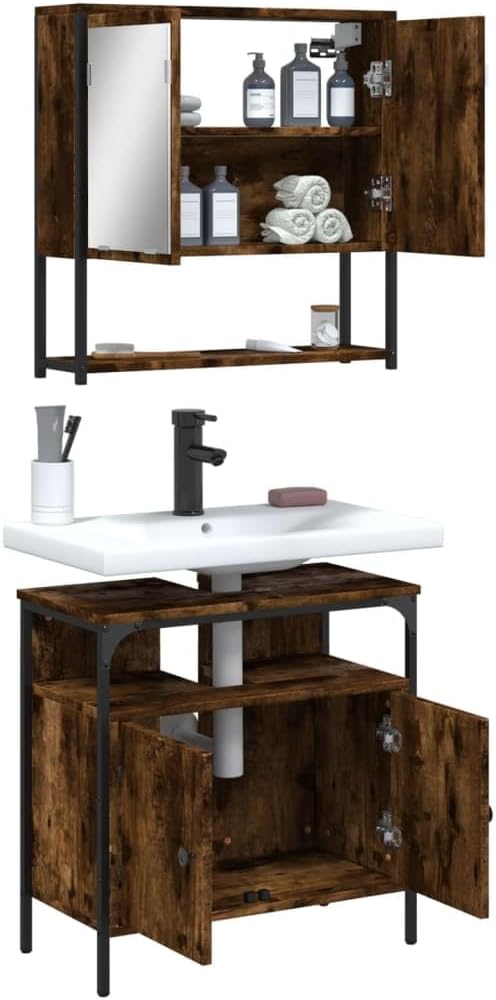 Smoked Oak Bathroom Furniture Set, Modern Rectangular Under Sink Storage Cabinet for Pedestal Sink Organization