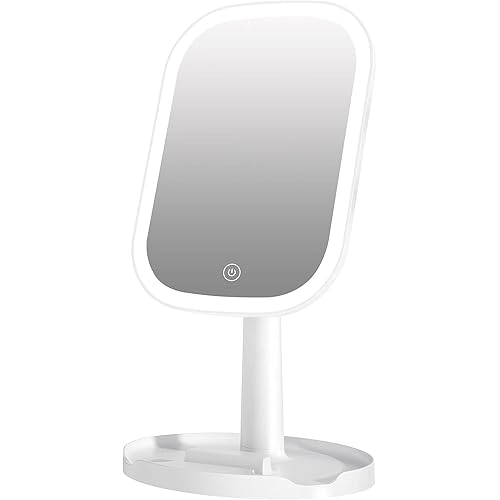 LYNLOO LED Makeup Mirror, Desktop Smart Light, 3 Lighting Modes dimmable, Adjust Brightness/Memory Function/360° Rotation, Lighted Vanity Mirror, Rechargeable 2000mAh Batteries, Portable with Holder