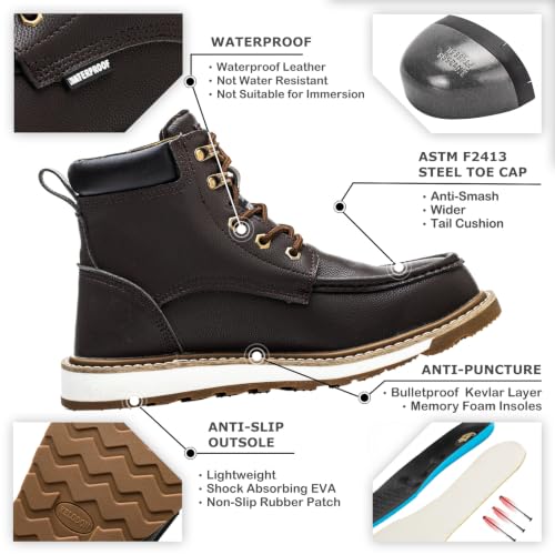 Image of KELODON Waterproof Steel Toe Boots For Men-6 inch Leather Moc Toe Work Boots Mens Steel Toe Shoes Indestructible Non Slip Resistant Construction Safety Boot