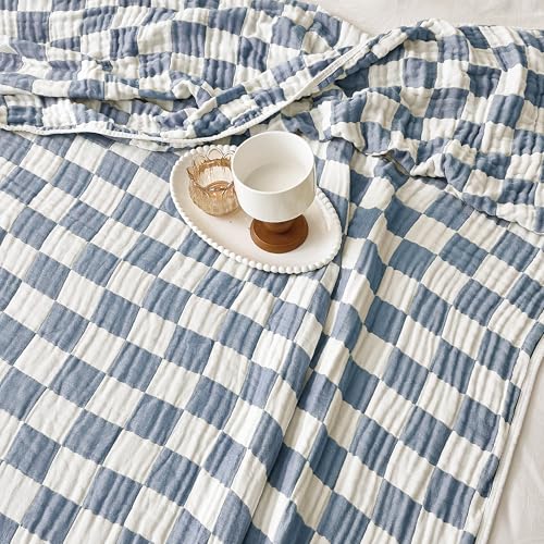 Image of 6-Layer Gauze Muslin Blanket 100% Cotton Blue Checkerboard King Size 90 inchx104 inch Cooling Throw Blanket Lightweight Soft and Breathable Cozy Blanket Bed Coverlet Both Sides (Blue Checkerboard, King)