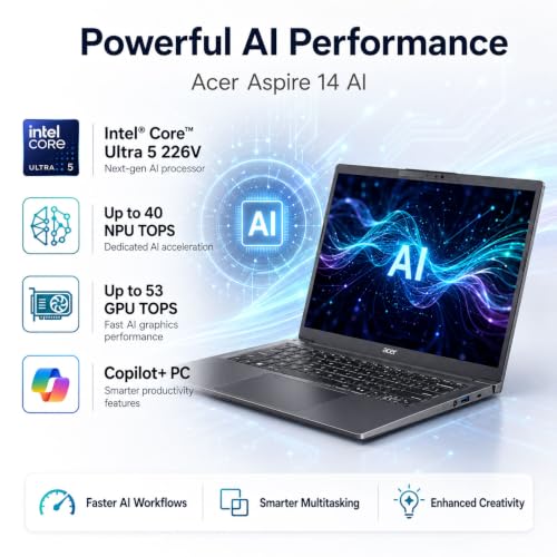 Image of Acer Aspire 14 Copilot+ PC Laptop, Intel Core Ultra 5 226V AI Processor, 14 inch WUXGA Touch Display, 16GB LPDDR5X RAM, 1TB SSD, Intel Arc Graphics, Backlit Keyboard, Windows 11, w /WOWPC Bundle