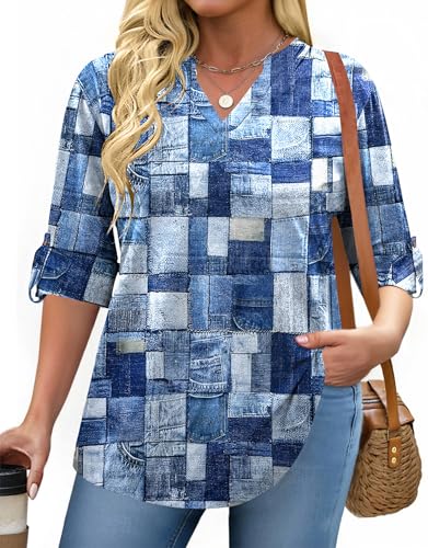 IN'VOLAND Womens Plus Size Long Sleeve T Shirts Casual V Neck Basic Fall Tees Shirts Loose Fit Tunic Tops Blue Plaid