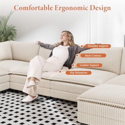 Image of Vesgantti 109 inch L Shaped Cloud Sectional Couch, Comfy Corduroy Upholstered Modular Couches for Living Room, Modern 3 Seater Sectional Sofa with Ottoman Deep Seat, Beige